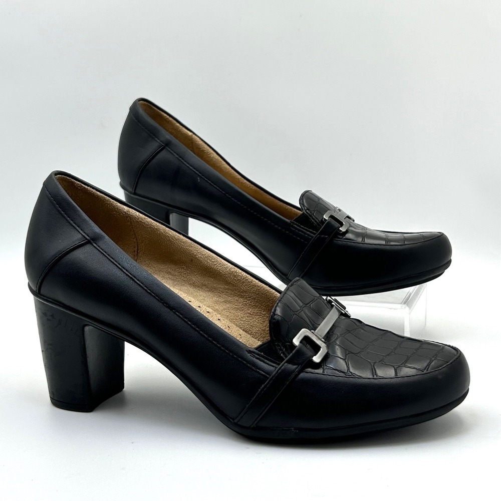 Naturalizer Chunky Heel Loafer Pumps Womens 9M Black Croc Bit Office Career Core